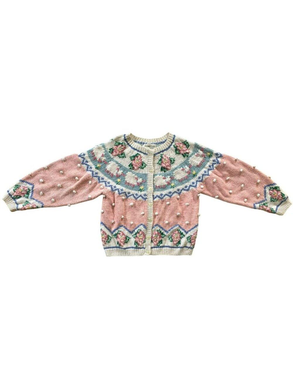Cardigan Sweater Eagle's Eye Sheep Floral Cottagecore Y2K 80's Pastel Hand Knit!